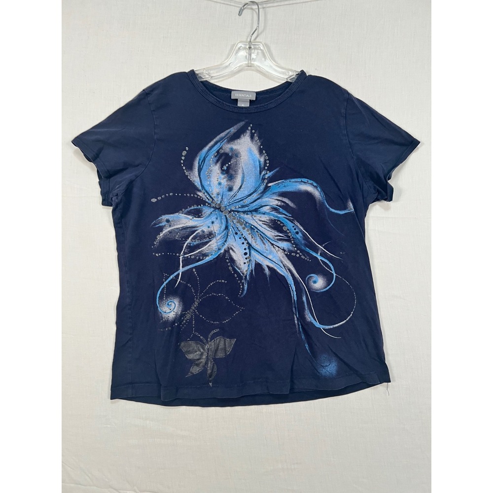 Essentials Navy Blue Cotton Graphic T-Shirt XL Floral Butterfly Short Sleeve